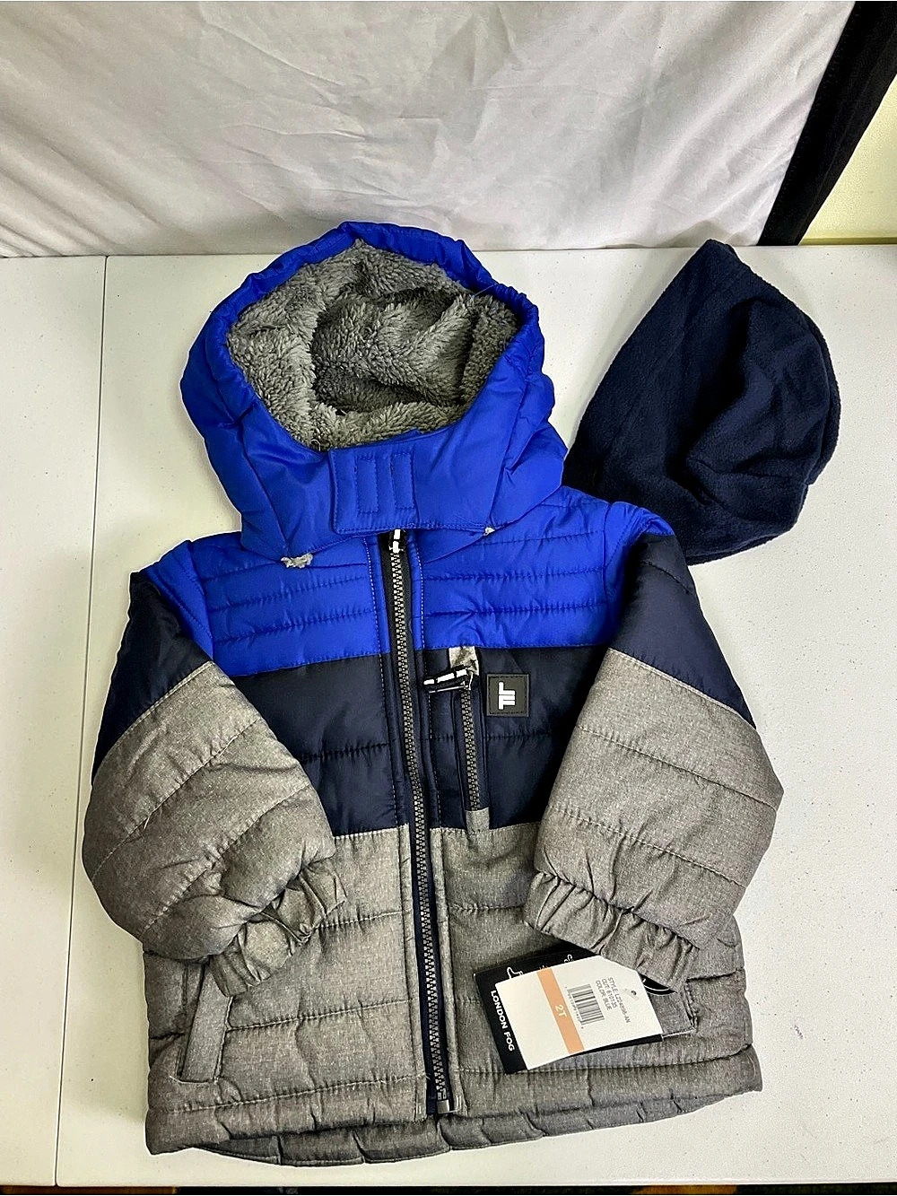 London Fog Color Block Puffer Jacket Blue Gray